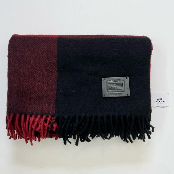 Coach Big Plaid Scarf Oversized Wool Fringe Red/Black NWT Unisex - Picture 2 of 7